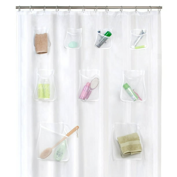 Grey Mesh Pockets PEVA Shower Curtain/Liner and Bath Organizer